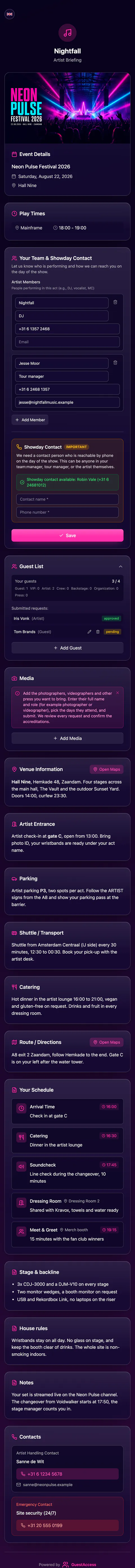 Artist briefing in the event's own colors, with cover image, play times, schedule, venue details and contacts