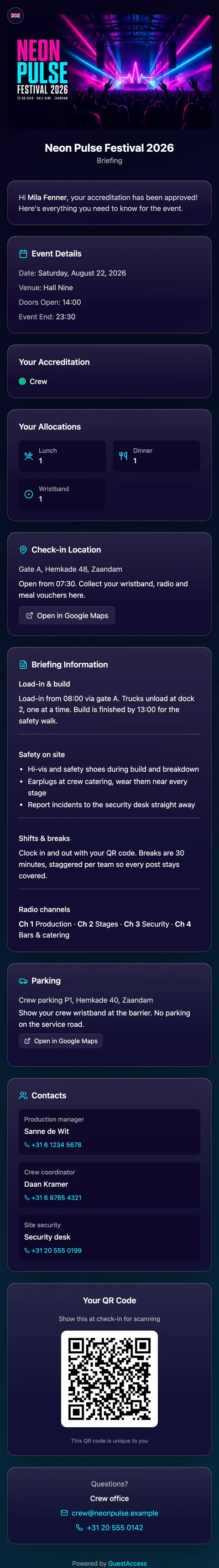 Crew briefing in the event's own colors, with event artwork, allocations, check-in location, briefing sections and QR code