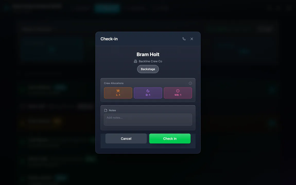 Crew check-in screen showing lunch, dinner and wristband allocations