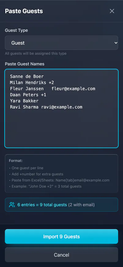 Pasting a list of guest names into GuestAccess on a phone