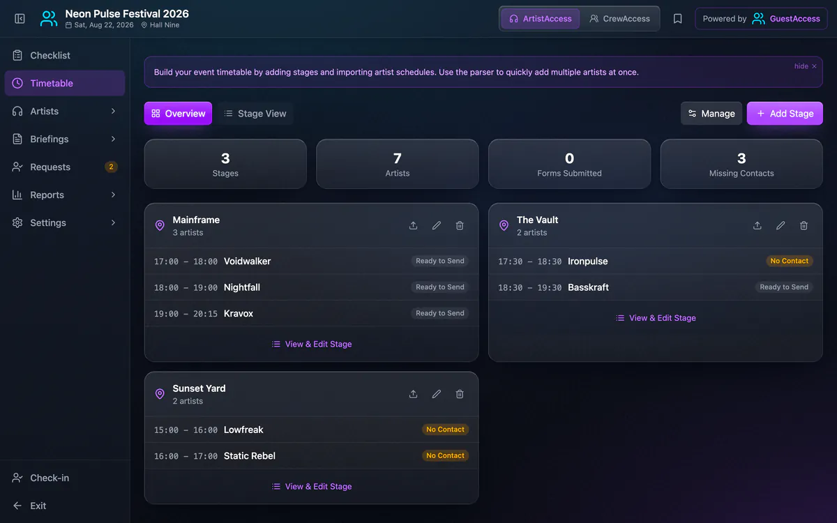 ArtistAccess timetable with multiple stages and set times for each act