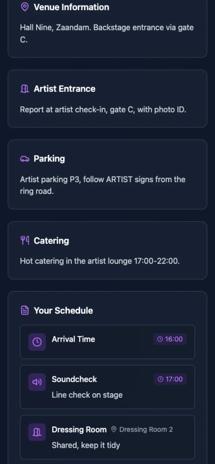 Página de briefing do artista a mostrar o local, entrada, estacionamento, catering e a agenda do artista