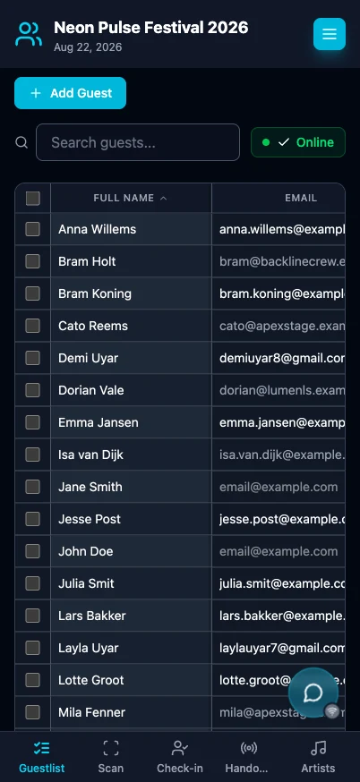 Lista de convidados da GuestAccess num telemóvel