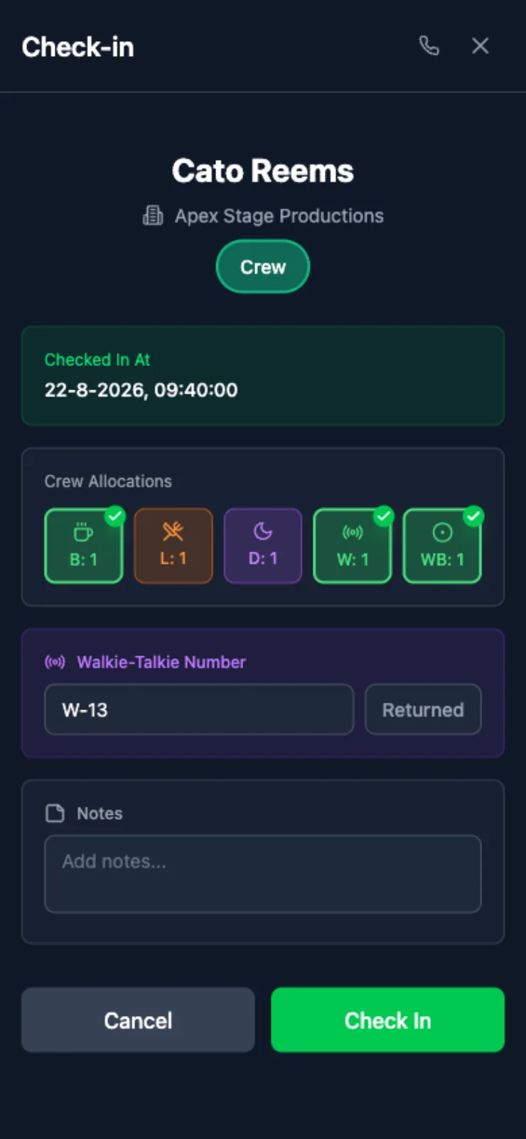 Schermata di check-in crew su un telefono