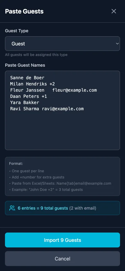 Colar uma lista de nomes de convidados no GuestAccess num telemóvel